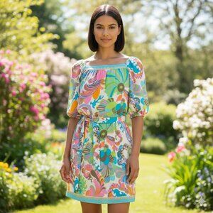 Trina Turk vibrant colorful silk floral print square neck mini dress, sz 4